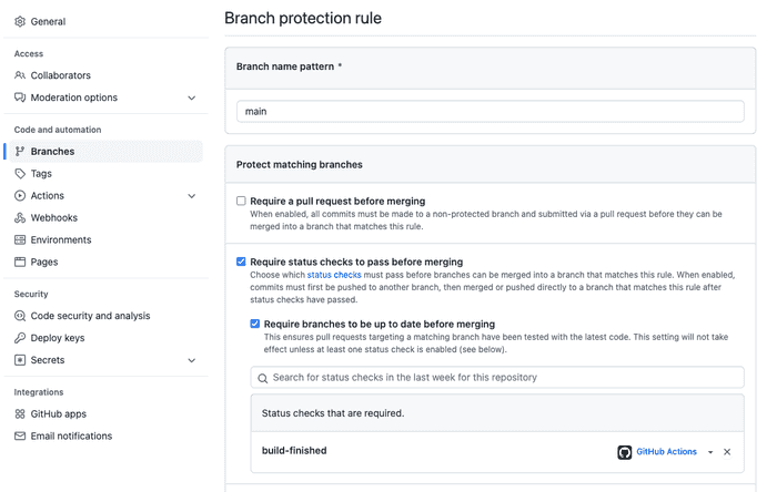 Screenshot of Github settings to to require status checks