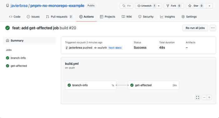 Screenshot of the get-affected job in Github